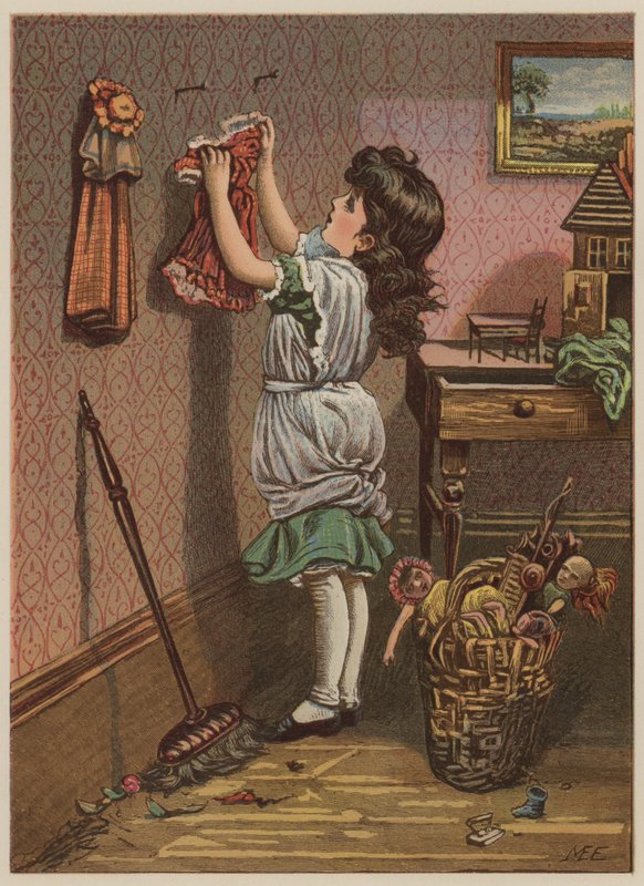 Lány, aki leakasztotta babaruhákat (chromolitho) alkotó: Mary Ellen Edwards