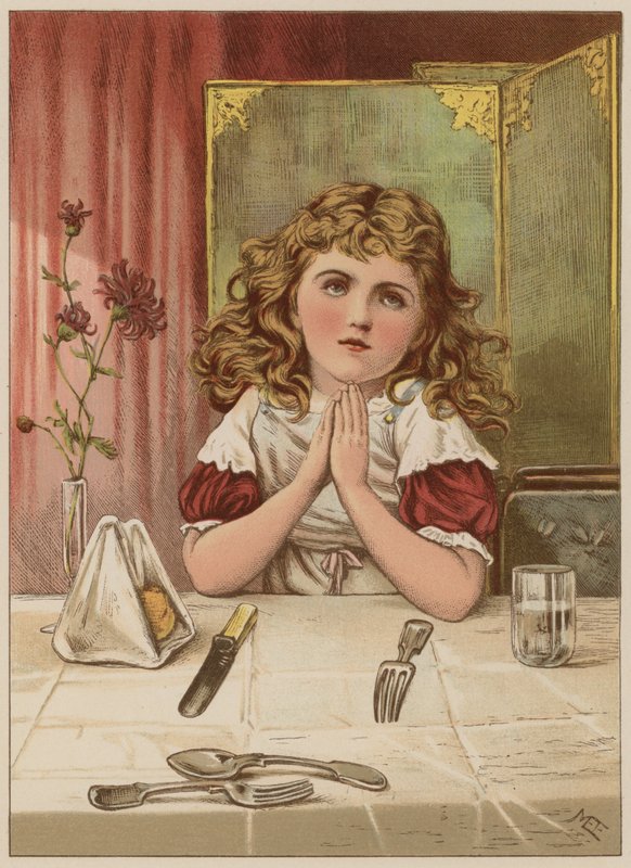 Lány „kegyelmet” mond étkezés előtt (chromolitho) alkotó: Mary Ellen Edwards