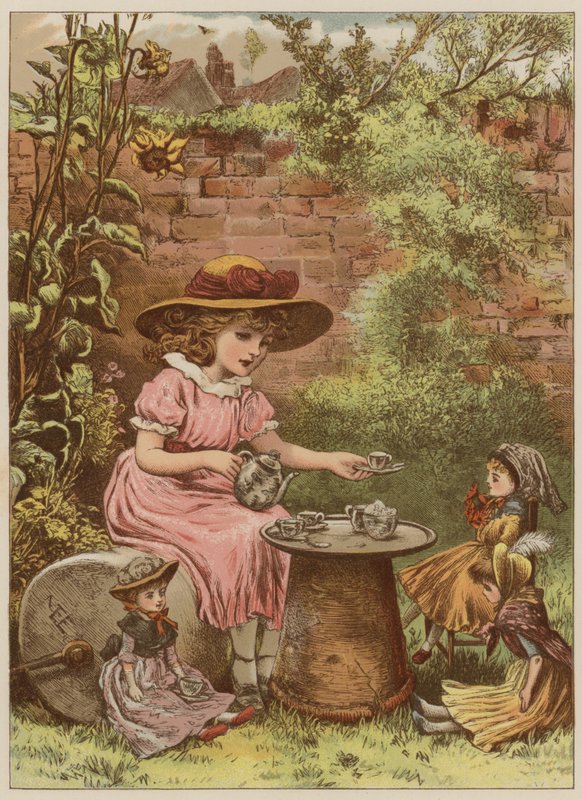 Lány teát kínál a babáinak (chromolitho) alkotó: Mary Ellen Edwards