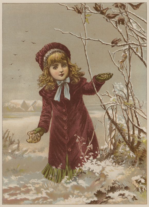 Lány kenyeret szed, hogy madarakat etethessen a hóban (chromolitho) alkotó: Mary Ellen Edwards