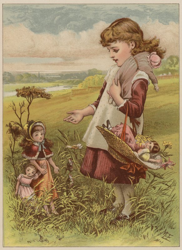 Lány sétálni viszi a babáit (chromolitho) alkotó: Mary Ellen Edwards