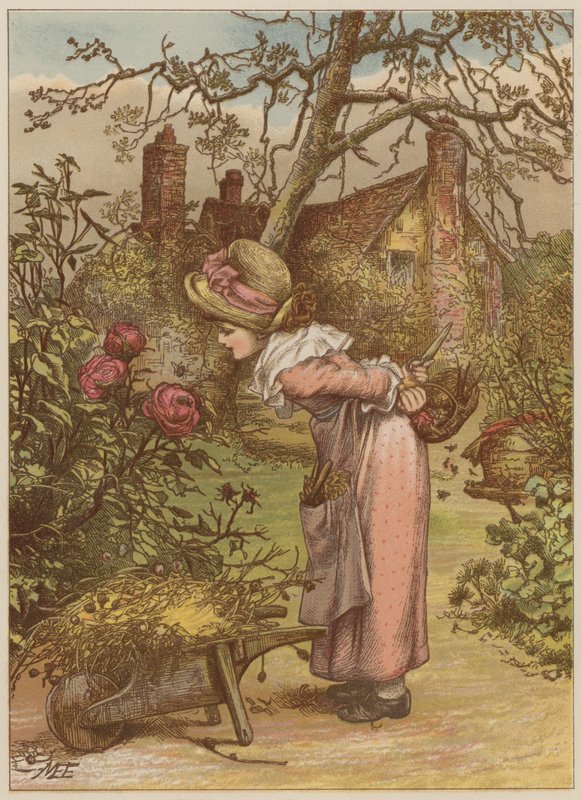 Lány méhet néz a kertben (chromolitho) alkotó: Mary Ellen Edwards