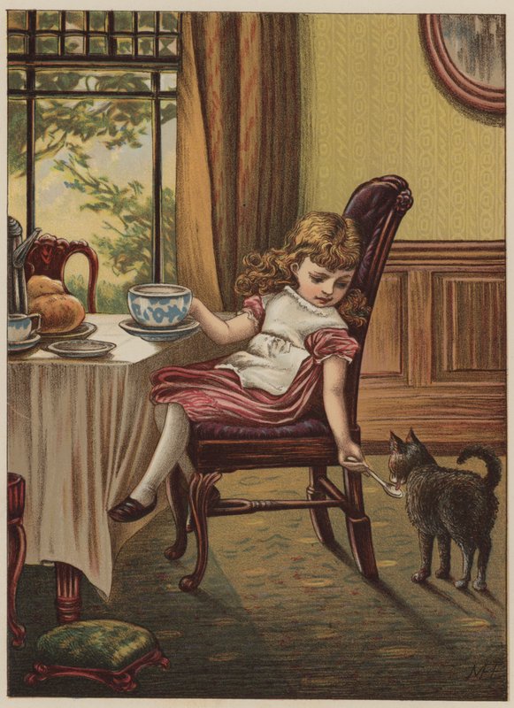Lány fekete macskával (chromolitho) alkotó: Mary Ellen Edwards