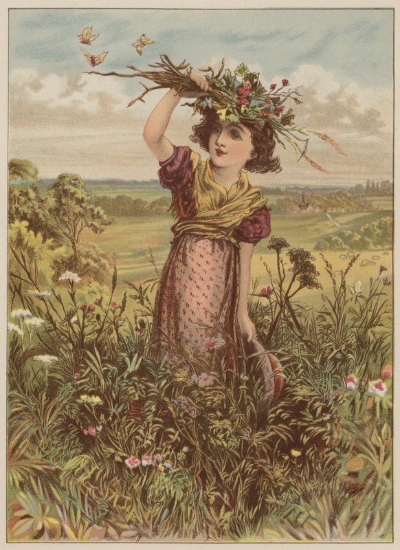 Lány virágokkal és pillangókkal (chromolitho) alkotó: Mary Ellen Edwards