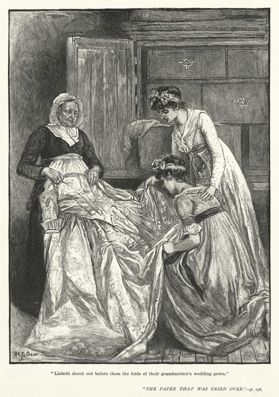 "Lisbeth kirázta előttük a nagymamájuk esküvői ruhájának redőit" (metszet) alkotó: Mary L. Gow
