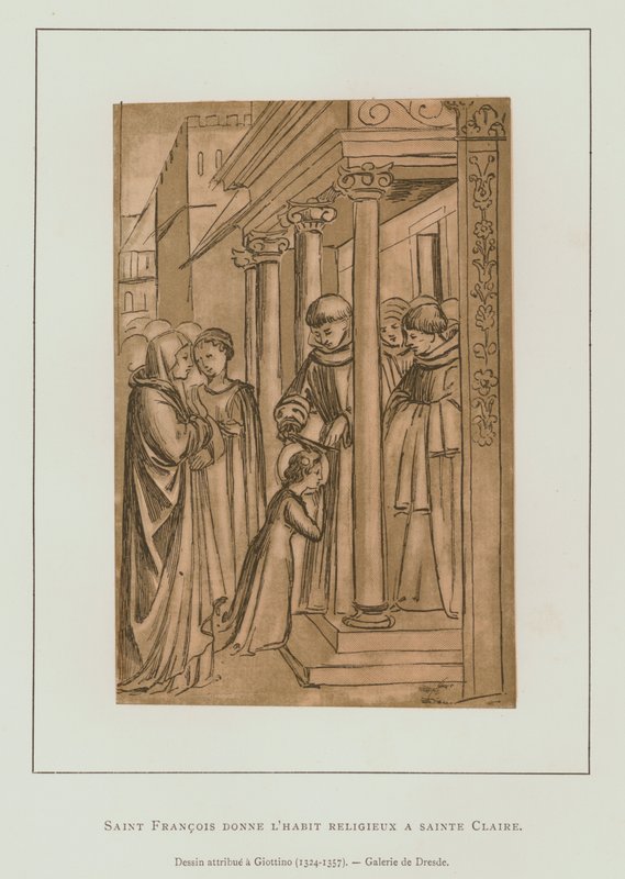 Assisi Szent Ferenc Szent Claire haját vágja (litho) alkotó: Maso di Banco Giottino