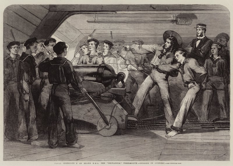 Tengerészeti oktatás a HMS Britannia fedélzetén, Portsmouth, Lessons in Gunnery alkotó: Matthew Somerville Morgan