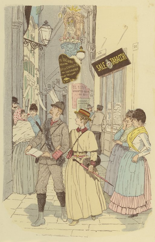 Egy férfi és a felesége Genova óvárosának sikátorain sétálnak. (színes litó) alkotó: Maurice Charles Mathieu Bonvoisin