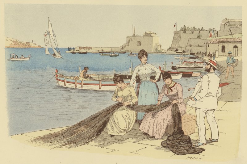 Egy férfi beszélget egy csoport nővel, akik halászhálókat javítanak a franciaországi Villefranche városában (színes litográfia). alkotó: Maurice Charles Mathieu Bonvoisin