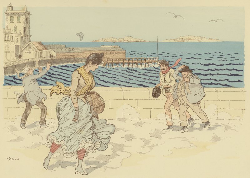 A Mistral egy szeles napon a Promenade de la Corniche-on, Marseille, Franciaország (színes litográfia) alkotó: Maurice Charles Mathieu Bonvoisin
