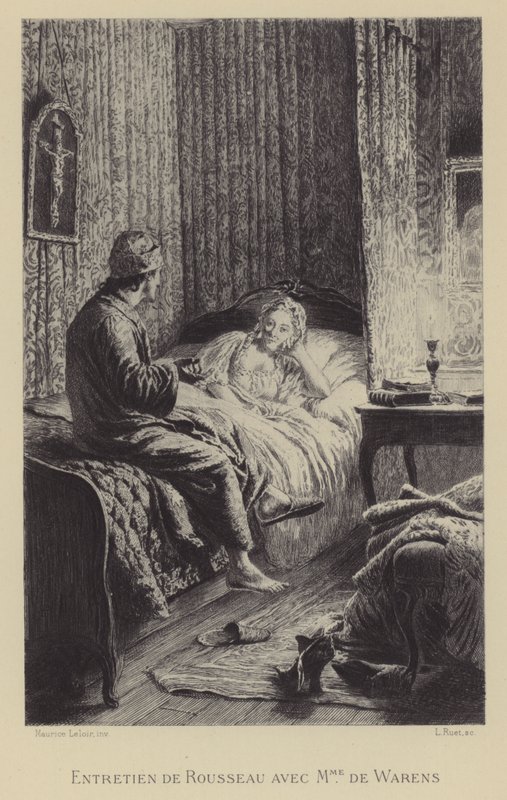 Rousseau és Madame de Warens beszélgetése (metszet) alkotó: Maurice Leloir