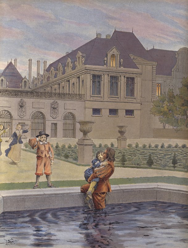 Az ifjú XIV. Lajos bukása a Palais-Royal medencéjébe alkotó: Maurice Leloir