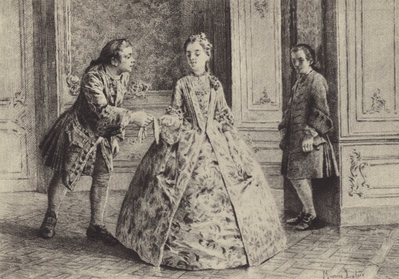 Illusztráció Jean-Jacques Rousseau vallomásai III. könyvéhez (metszet) alkotó: Maurice Leloir