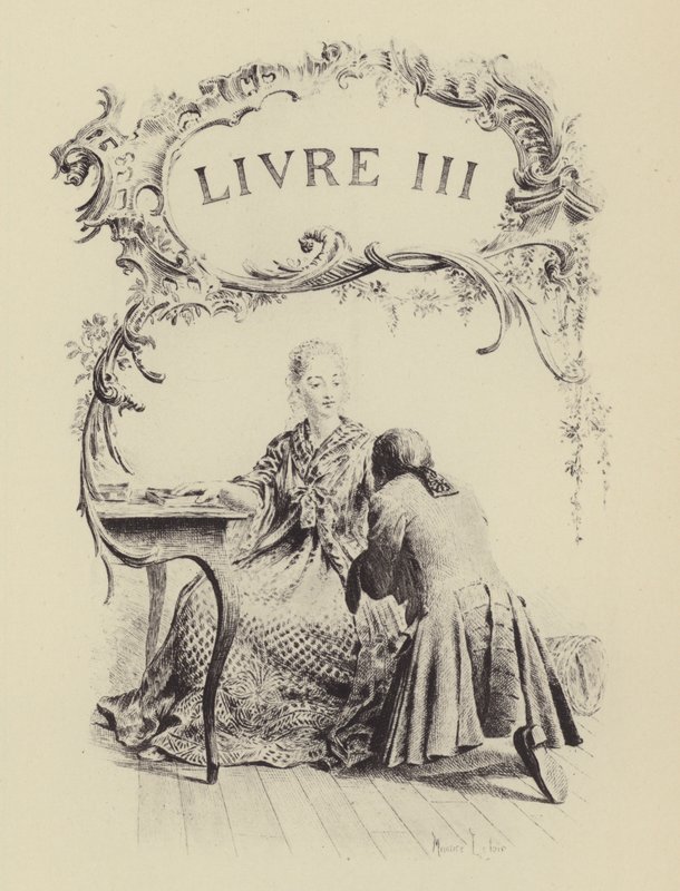 Illusztráció Jean-Jacques Rousseau vallomásai III. könyvéhez (metszet) alkotó: Maurice Leloir