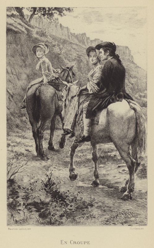 Jean-Jacques Rousseau és két fiatal nő lóháton utazik (mélynyomás) alkotó: Maurice Leloir