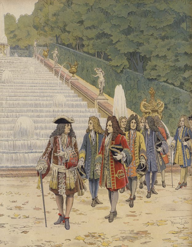 XIV. Lajos király és Sámuel Bernard Marlyban, látogatás a kertekben alkotó: Maurice Leloir