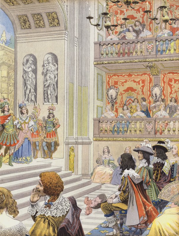Előadás a Palais Cardinal of Mirame színházában, Richelieu és Desmarets darabja alkotó: Maurice Leloir