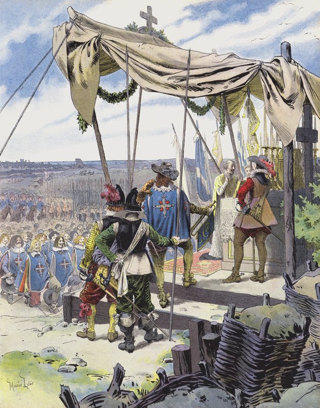 Richelieu misét celebrál a La Rochelle-i táborban alkotó: Maurice Leloir