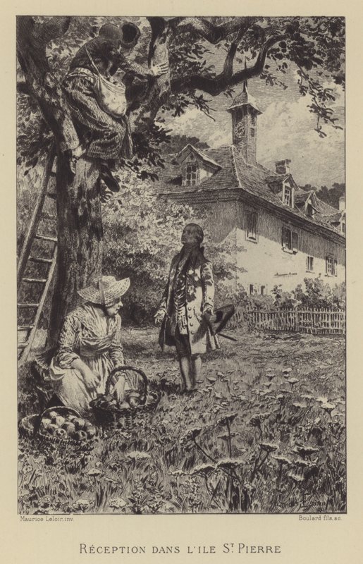 Rousseau fogadása az Ile St Pierre-ben (metszet) alkotó: Maurice Leloir
