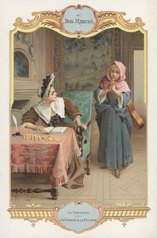 Jelenet a La Cigale et la Fourmi (A hangya és szöcske) Jean de la Fontaines meséből (chromolitho) alkotó: Maurice Leloir