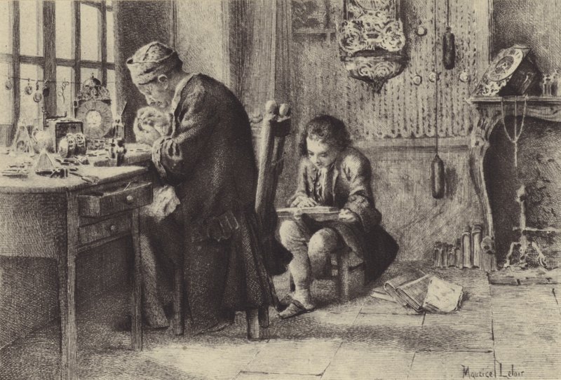 A fiatal Jean-Jacques Rousseau olvas, miközben apja dolgozik (mélynyomás) alkotó: Maurice Leloir