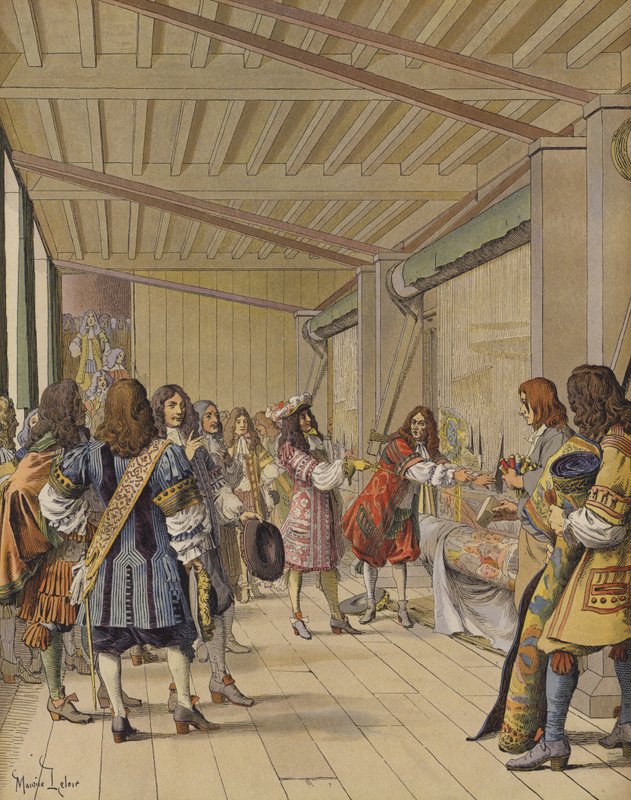 XIV. Lajos király látogatása Gobelinsnél, Lebrun megmutatja neki a műhelyeket alkotó: Maurice Leloir