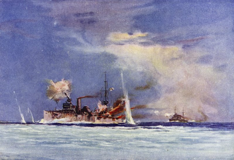 A John Glossop kapitány parancsnoksága alatt álló HMAS Sydney megtámadja az Emden német cirkálót, Kókusz-szigeteki csata, 1914. november 9. alkotó: Maurice Randall