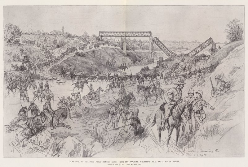 Hadjárat a Szabad Államban, Lord Roberts oszlopának átkelése a Sand River Drift-en alkotó: Melton Prior