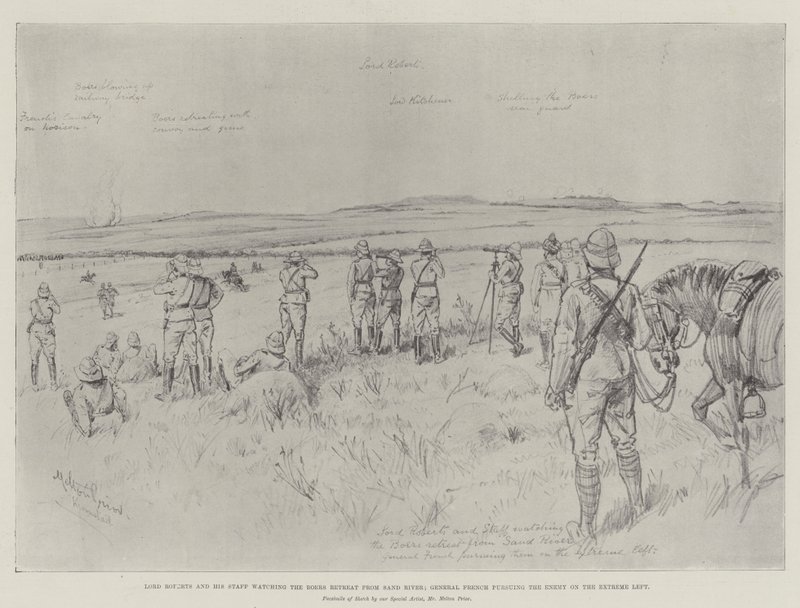 Lord Roberts és munkatársai nézik a búrok visszavonulását a Sand Riverből; French tábornok üldözi az ellenséget a szélsőbaloldalon alkotó: Melton Prior