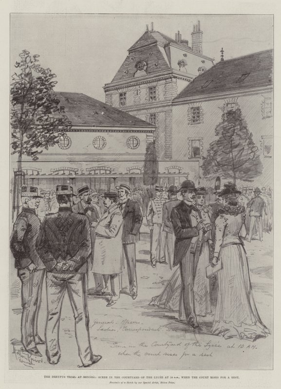 A Dreyfus-per Rennes-ben, jelenet a líceum udvarán délelőtt 10 órakor, amikor a bíróság pihenőre kel alkotó: Melton Prior