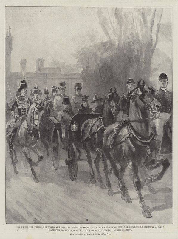 A walesi herceg és hercegnő Blenheimben, a királyi pár távozása az Oxfordshire-i lovasság kíséretében, amelyet Marlborough hercege, mint az ezred hadnagya irányít. alkotó: Melton Prior