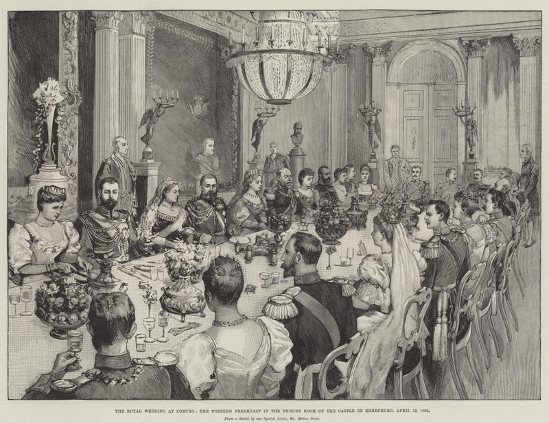 A királyi esküvő Coburgban, az esküvői reggeli az Ehrenburgi kastély tróntermében, 1894. április 19. alkotó: Melton Prior