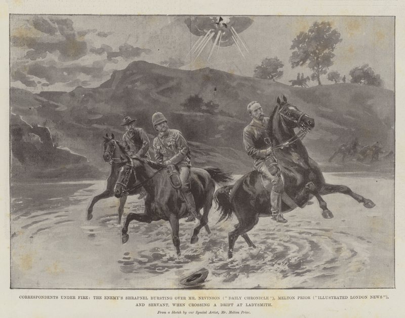 Tudósítók a tűz alatt, az Ellenség repeszdarabja, amely Mr. Nevinson (Daily Chronicle), Melton Prior (Illusztrált London News) és Servant felett robbant át, amikor átkeltek egy sodródáson Ladysmithnél alkotó: Melton Prior