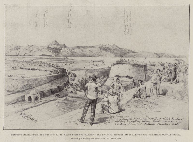 Seaforth Highlanders és a 23. Royal Welsh Fusiliers a Bashi-Bazouk és a keresztények közötti harcot nézik Candián kívül alkotó: Melton Prior