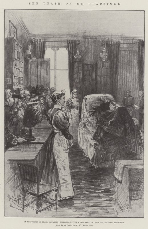 Gladstone úr halála a Hawarden-i Béke Templomában, a falusiak utolsó látogatása során kitüntetett szomszédjuknál alkotó: Melton Prior