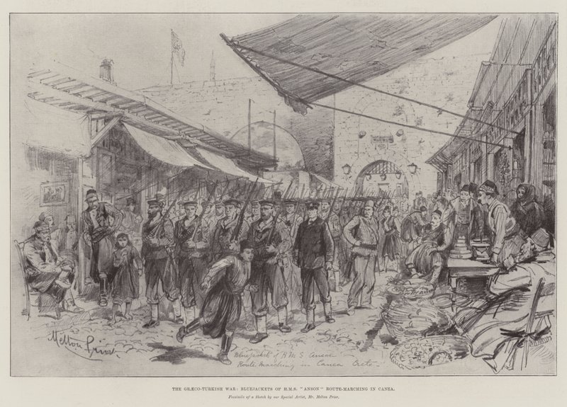 A görög-török háború, a HMS Anson kékkabátosai Route-Marching in Canea alkotó: Melton Prior