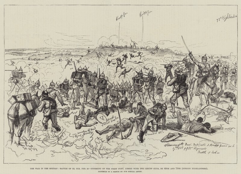 A Soudan-i háború, El Teb-i csata, február 29., Gordon Highlanders, két Krupp ágyúval felfegyverzett első erőd megtámadása. alkotó: Melton Prior