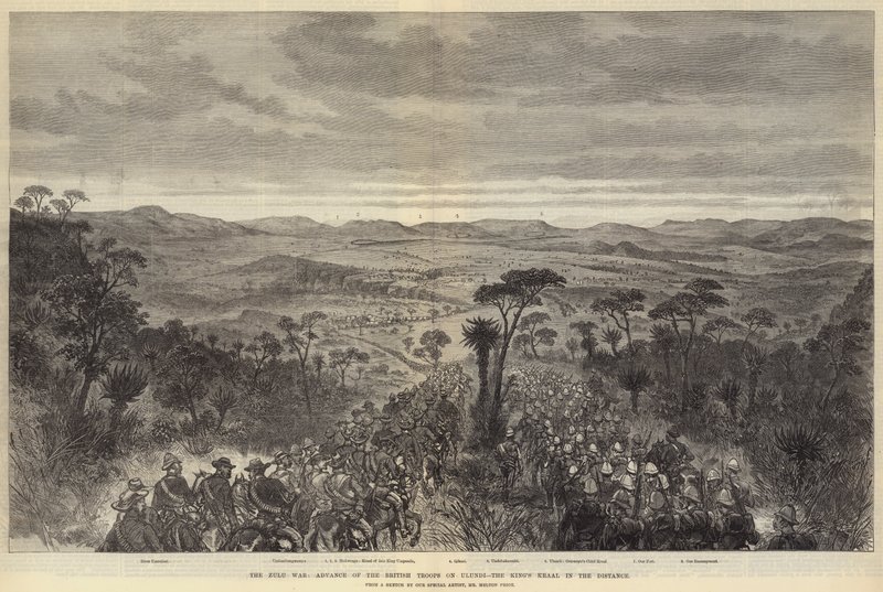 A zulu háború, a brit csapatok előrenyomulása Ulundinál, a király Kraal a távolban alkotó: Melton Prior