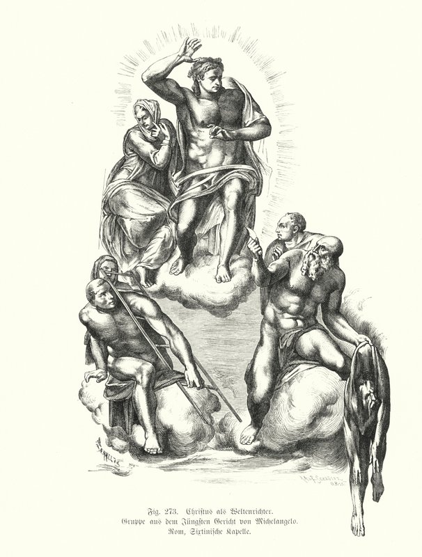 Bíró Krisztus, részlet Michelangelo utolsó ítéletéből, festmény a Sixtus-kápolna oltárfalán, Szent Péter-bazilika, Róma, Olaszország (metszet) alkotó: Michelangelo (after) Buonarroti