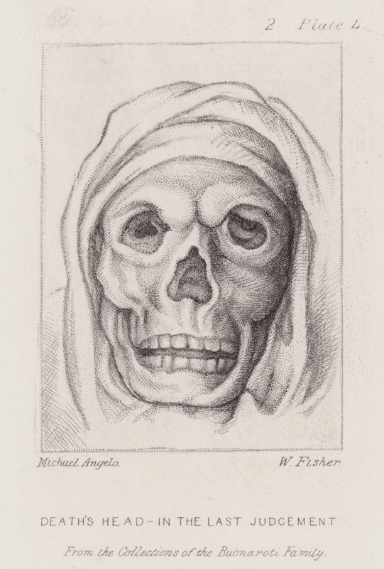 Halálfej, az utolsó ítéletben (rézkarc) alkotó: Michelangelo (after) Buonarroti