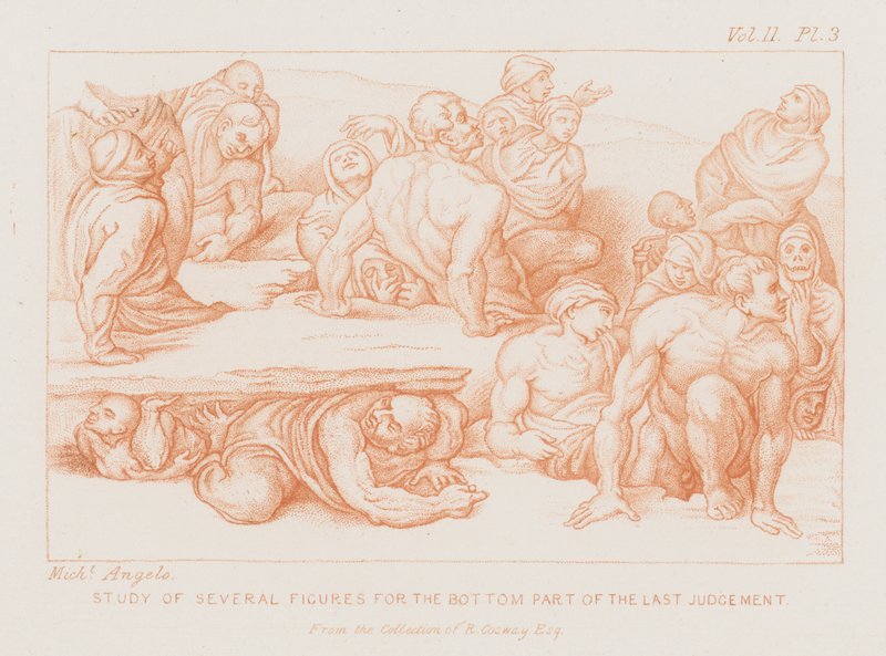 Számos ábra tanulmányozása az Utolsó ítélet alsó részéhez (rézkarc) alkotó: Michelangelo (after) Buonarroti