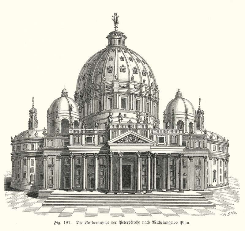 Kilátás Michelangelo tervéről a Szent Péter-bazilika homlokzatára, Róma, Olaszország (metszet) alkotó: Michelangelo (after) Buonarroti