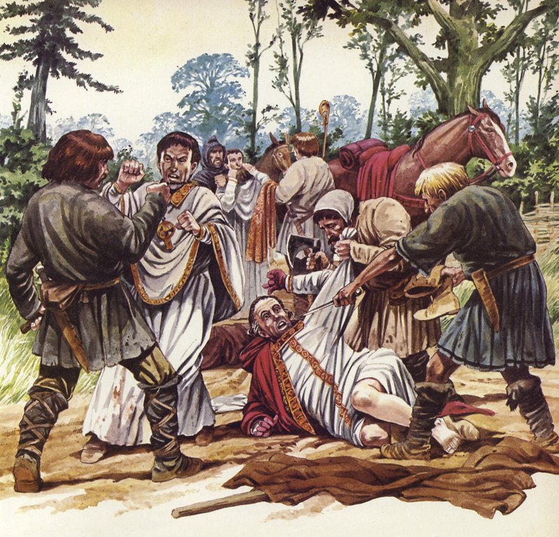 Canterbury érsekét kirabolták, amikor István király zűrzavaros uralkodása idején utazott. (színes litográfia) alkotó: Mike (20th century) White