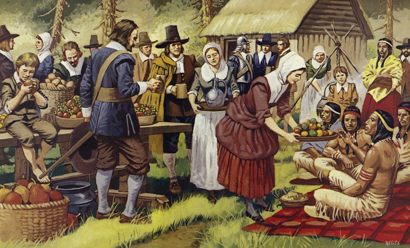 Az első hálaadás 1621-ben, egy évvel azután, hogy a zarándok atyák elhagyták az Óvilágot (színes lithó) alkotó: Mike (20th century) White