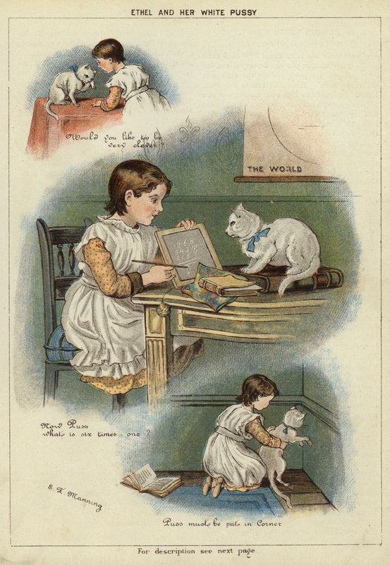 Ethel és fehér macskája (chromolitho) alkotó: Miss Eliza F. Manning