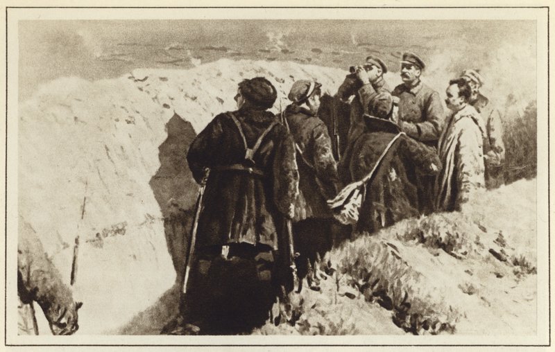 Joszif Sztálin és Kliment Vorosilov bolsevik parancsnokok a Caricyn lövészárkaiban, orosz polgárháború, 1918 alkotó: Mitrofan Borisovic Grekov
