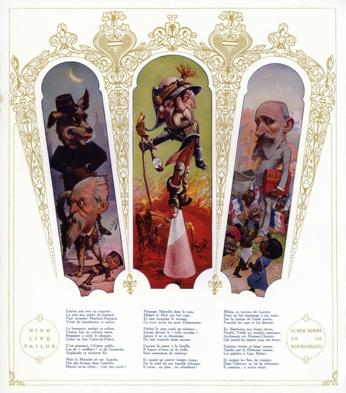 Karikatúrák; Louis Lepine, Párizs prefektusa; Georges Clemenceau francia politikus és miniszterelnök; Raphael Millies-Lacroix francia politikus és a gyarmatok minisztere (színes litho) alkotó: Moloch