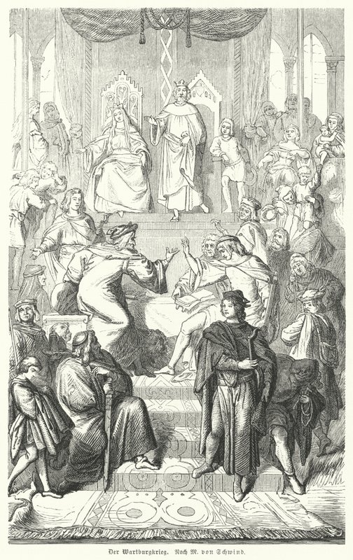 A Sangerkrieg, lelkészek versenye a türingiai Wartburg kastélyban 1207-ben (metszet) alkotó: Moritz Ludwig von (after) Schwind