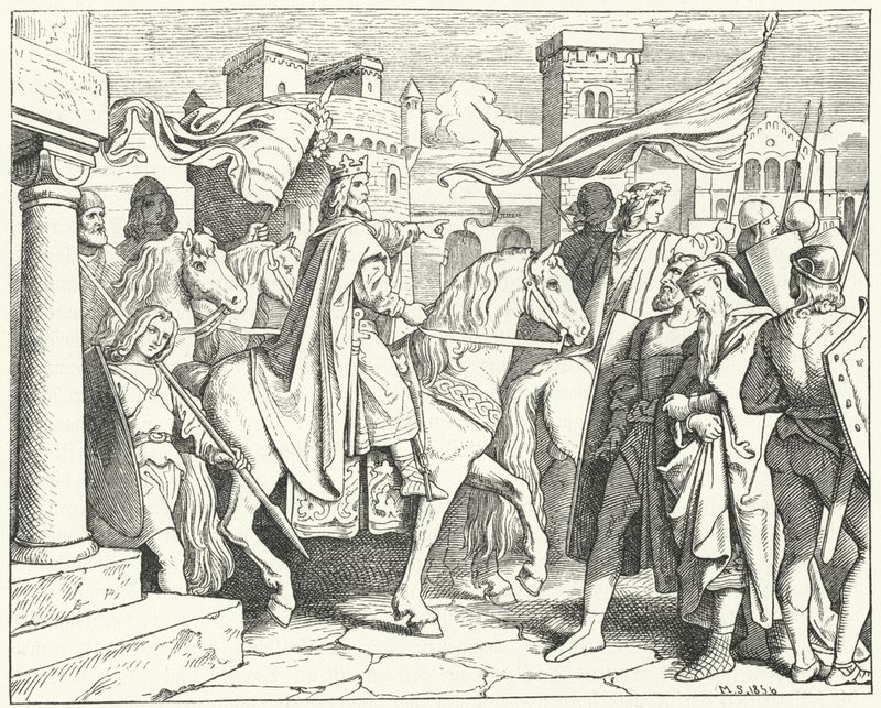 Nagy Károly belép Paviába, 774 (metszet) alkotó: Moritz Ludwig von Schwind