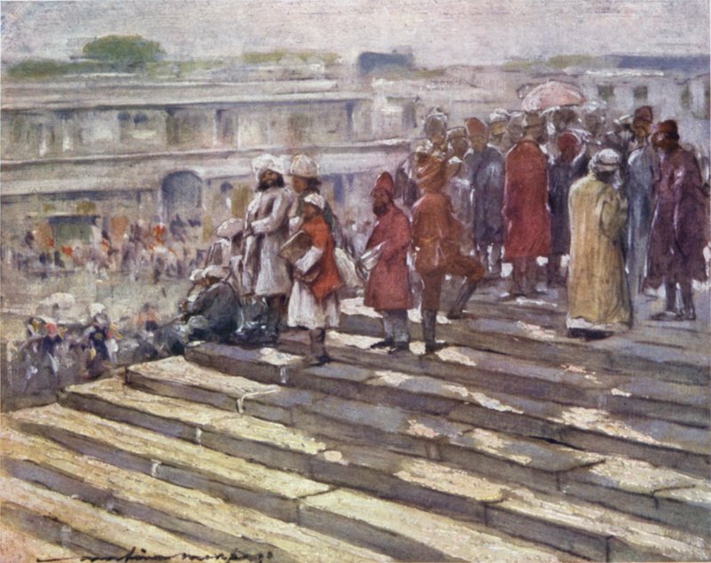 A Jumma Masjid lépcsőjén alkotó: Mortimer Ludington Menpes